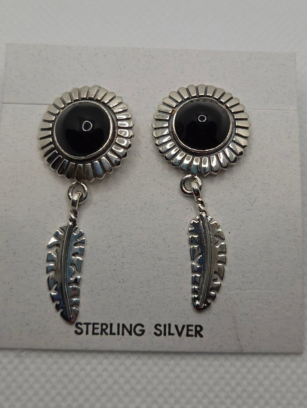 Black Onyx Sunburst Feather Drop Earrings | Southwestern Style